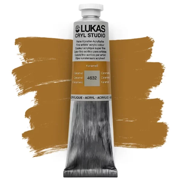 A single tube of Caramel Lukas Cryl STUDIO Acrylics 75ml is shown in the center of the frame, standing vertically. The tube is silver and has a colour band around the body of the tube that denotes the colour of the paint inside. The Lukas name and logo is printed at the top of the tube and there is black text below the logo that describes the paint. The tube has a white plastic, screw on lid. There is a paint swatch in the background that indicates the colour of the paint inside the tube. The image is center of the frame and on a white background.