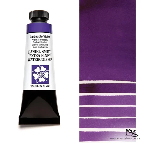A tube of Carbazole Violet S2 Daniel Smith Watercolour Paint is shown in the frame, to the left hand side of the frame vertically. The tube has a black plastic cap and a black base. The center of the tube is white and there is a colour band at the top of the tube, below the cap, that indicates the colour of the paint. There is black text on the front of the tube with the brand name and logo. To the right of the tube is a colour swatch which was made using the paint. In the colour swatch, you can see the paint undiluted and in a diluted form. The image is on a white background and is center of the frame.