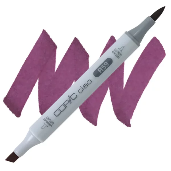 in the center of the image is a single copic marker that is sitting diagonally across the image. from left to right. it has a grey body and both caps are off showing the two different nibs, one brush at the top and the chisel tip at the bottom. it is sitting infront of a squiggle of the same colour as the marker on a white background