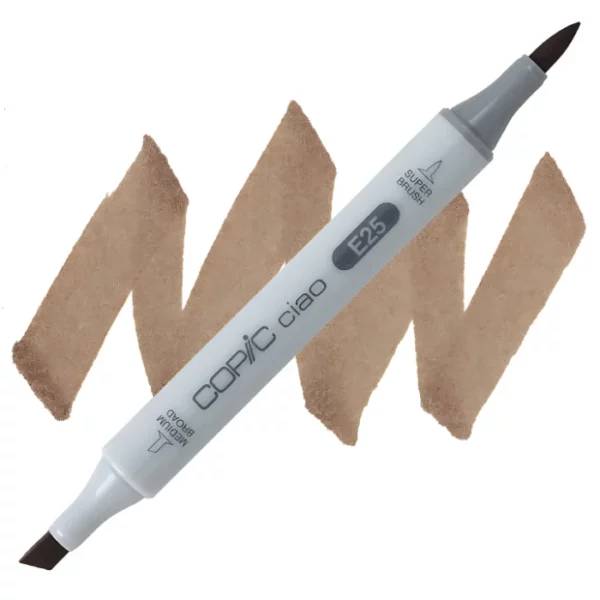 in the center of the image is a single copic marker that is sitting diagonally across the image. from left to right. it has a grey body and both caps are off showing the two different nibs, one brush at the top and the chisel tip at the bottom. it is sitting infront of a squiggle of the same colour as the marker on a white background