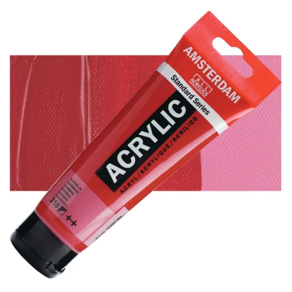 A single tube of Carmine Amsterdam Acrylic Paint 120ml is shown diagonally across the center of the frame. The tube is made of a clear plastic and has a red band at the end of the tube with a hole so it can hang. The tube has a black, plastic flip top cap, that the bottle stands on. There is black text on the body of the tube describing the product colour and details. The colour of the paint can be seen through the tube. There is a rectangular colour swatch of the paint, behind the tube. The swatch shows the colour in different gradient's. The image is center of the frame and on a white background.