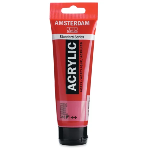 A single tube of Carmine Amsterdam Acrylic Paint 120ml is standing vertically in the center of the frame. The tube is made of a clear plastic and has a red band at the end of the tube with a hole so it can hang. The tube has a black, plastic flip top cap, that the bottle stands on. There is black text on the body of the tube describing the product colour and details. The colour of the paint can be seen through the tube. On a white background.