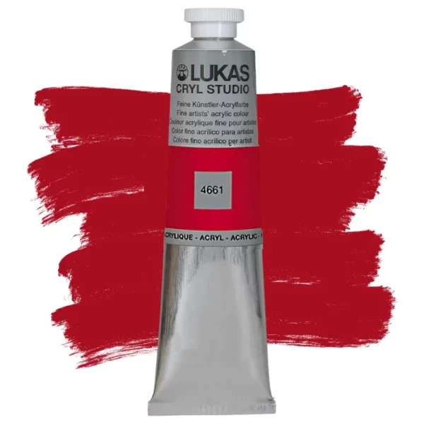 A single tube of Carmine Lukas Cryl STUDIO Acrylics 75ml is shown in the center of the frame, standing vertically. The tube is silver and has a colour band around the body of the tube that denotes the colour of the paint inside. The Lukas name and logo is printed at the top of the tube and there is black text below the logo that describes the paint. The tube has a white plastic, screw on lid. There is a paint swatch in the background that indicates the colour of the paint inside the tube. The image is center of the frame and on a white background.