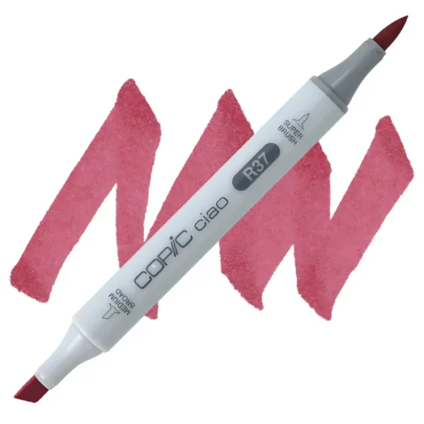 in the center of the image is a single copic marker that is sitting diagonally across the image. from left to right. it has a grey body and both caps are off showing the two different nibs, one brush at the top and the chisel tip at the bottom. it is sitting infront of a squiggle of the same colour as the marker on a white background