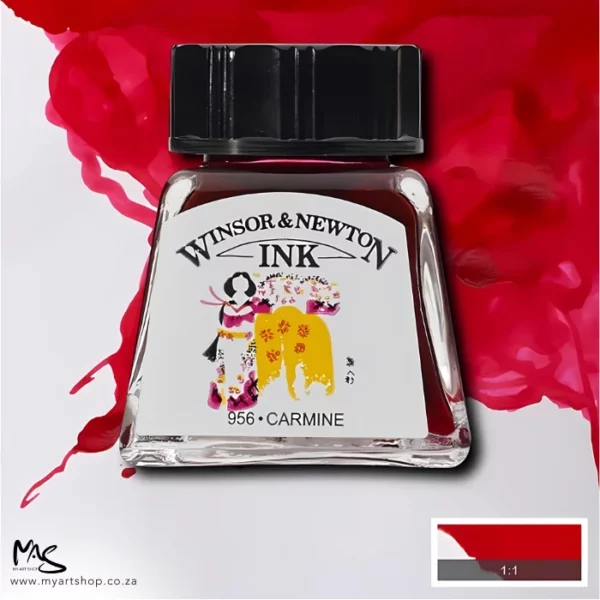 A single bottle of Carmine Winsor & Newton Drawing Ink can be seen in the center of the frame, with ink in the background, in the top right hand corner of the frame, flowing into the frame. The ink is the colour of the ink inside the bottle. The bottle is a clear glass bottle and so you can see the colour of the ink inside. There is a black, plastic screw on lid and a label stuck to the front of the bottle with the brand name and logo on it. There is a small rectangular colour block with a sample of the ink colour in a 1:1 ratio, in the bottom right hand corner of the frame.