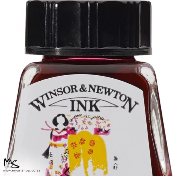 A close up of a single bottle of Carmine Winsor & Newton Drawing Ink. The bottom of the bottle is cut off by the frame. The bottle is clear glass so you can see the colour of the ink inside, with a black screw on plastic lid. There is a label on the front of the bottle with the brand logo.