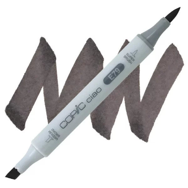 in the center of the image is a single copic marker that is sitting diagonally across the image. from left to right. it has a grey body and both caps are off showing the two different nibs, one brush at the top and the chisel tip at the bottom. it is sitting infront of a squiggle of the same colour as the marker on a white background