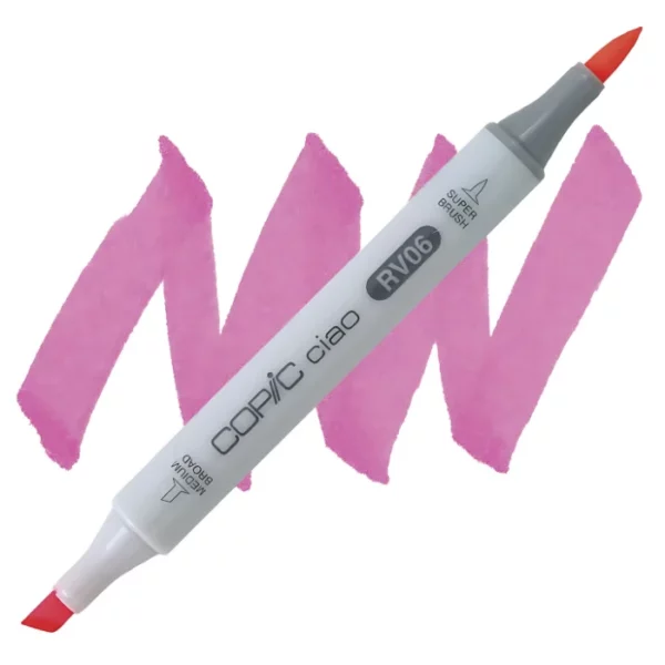 in the center of the image is a single copic marker that is sitting diagonally across the image. from left to right. it has a grey body and both caps are off showing the two different nibs, one brush at the top and the chisel tip at the bottom. it is sitting infront of a squiggle of the same colour as the marker on a white background