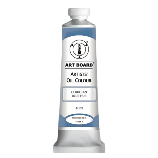 A tube of Cerulean Blue Hue Artboard Oil Paint 40ml is shown standing vertically in the center of the frame. The tube is silver and has a label around the body of the tube. Parts of the label are coloured, to denote the colour of the paint inside the tube. The artboard logo and name are printed at the top of the label and the colour and product details are printed below. The tube has a white plastic, screw on lid. On a white background.