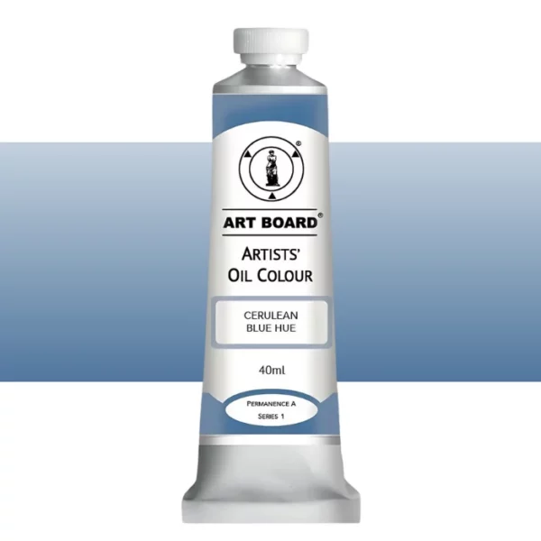 A tube of Cerulean Blue Hue Artboard Oil Paint 40ml is shown standing vertically in the center of the frame. The tube is silver and has a label around the body of the tube. Parts of the label are coloured, to denote the colour of the paint inside the tube. The artboard logo and name are printed at the top of the label and the colour and product details are printed below. The tube has a white plastic, screw on lid. A graded horizontal rectangle is seen in the background, this denotes the colour of the paint inside the tube. On a white background.