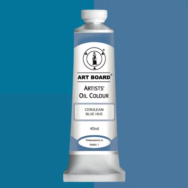 A tube of Cerulean Blue Hue Artboard Oil Paint 40ml is shown standing vertically in the center of the frame. The tube is silver and has a label around the body of the tube. Parts of the label are coloured, to denote the colour of the paint inside the tube. The artboard logo and name are printed at the top of the label and the colour and product details are printed below. The tube has a white plastic, screw on lid. Different shades of the paint colour are shown in the background in blocks, behind the tube.