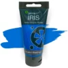 A single tube of Cerulean Prime Art Iris Acrylic Paint 75ml is shown in the frame. The tube is a clear plastic with a black printed band at the top of each tube that has the Prime Art Iris Logo printed on it. The tube has a black flip cap that the tube stands on. You can see the colour of the paint through the tube. On a white background.