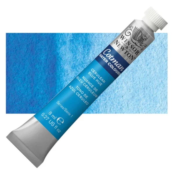 A single Cerulean Blue Hue Winsor and Newton Cotman Watercolour 8ml Tube is shown diagonally across the frame. The back of the tube is facing the bottom left hand corner of the frame and the lid of the tube is facing the top, right hand corner of the frame. The tube is silver and the Winsor and Newton logo is printed at the top of the tube. There is a blue band below the logo and the words 'Cotman Watercolour' are printed on the blue band in white. Then there is a large colour band around the base of the tube that denotes the colour of the paint. The tube colour and paint properties are indicated on this colour band in black text. The tube has a white, plastic screw on cap. There is a rectangular colour swatch behind the tube that shows how the colour works on a gradient scale. The entire image is center of the frame and on a white background.