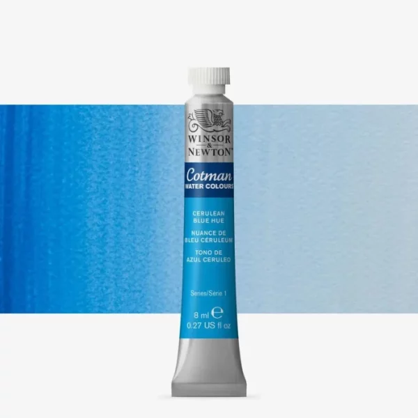 A single Cerulean Blue Hue Winsor and Newton Cotman Watercolour 8ml Tube is shown vertically in the center of the frame. The tube is silver and the Winsor and Newton logo is printed at the top of the tube. There is a blue band below the logo and the words 'Cotman Watercolour' are printed on the blue band in white. Then there is a large colour band around the base of the tube that denotes the colour of the paint. The tube colour and paint properties are indicated on this colour band in black text. The tube has a white, plastic screw on cap. There is a rectangular colour swatch behind the tube that shows how the colour works on a gradient scale. The entire image is center of the frame and on a white background.