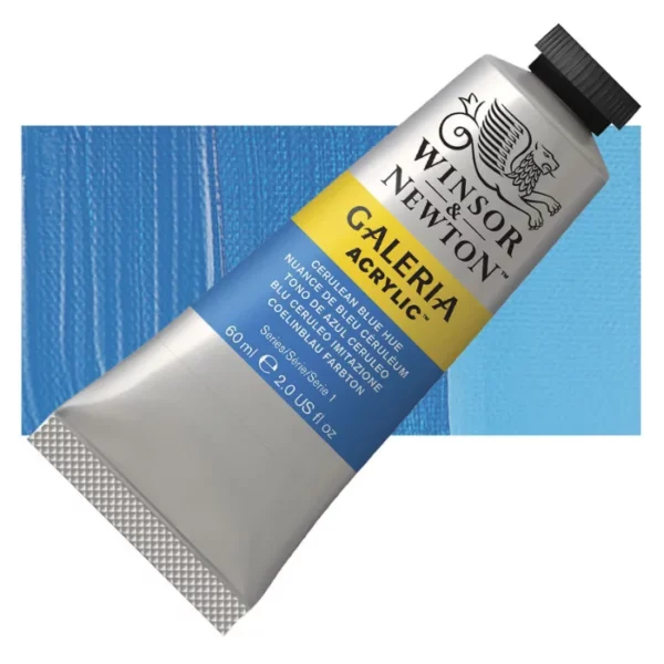 A tube of Cerulean Blue Hue Winsor and Newton Galeria Acrylic Paint 60ml is shown diagonally, across the center of the frame. The tube is a silver colour and has a black, screw on, plastic lid. The Winsor and Newton logo is printed at the top of the tube and there is a yellow band across the tube, under the logo, with the words, 'Galeria Acrylic'. There is a band of colour below that which denotes the colour of the paint in the tube. There is text on this colour band, describing the colour and paint properties. There is a rectangular colour swatch behind the tube that shows the colour of the paint. It lays horizontally across the top third of the frame. The image is center of the frame and on a white background.