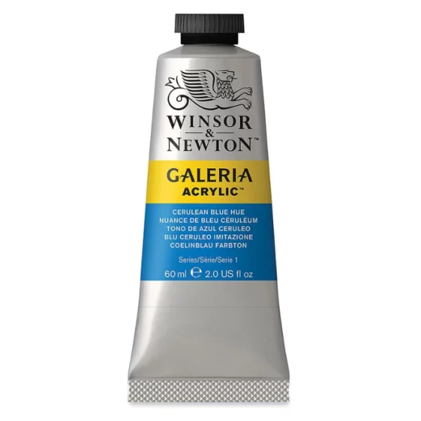 A single tube of Cerulean Blue Hue Winsor and Newton Galeria Acrylic Paint 60ml is shown in the center of the frame, standing vertically. The tube is a silver colour and has a black, screw on, plastic lid. The Winsor and Newton logo is printed at the top of the tube and there is a yellow band across the tube, under the logo, with the words, 'Galeria Acrylic'. There is a band of colour below that which denotes the colour of the paint in the tube. There is text on this colour band, describing the colour and paint properties. The image is center of the frame and on a white background.