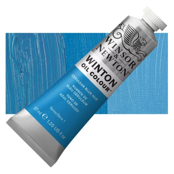 A tube of Cerulean Blue Hue Winsor and Newton Winton Oil Paint 37ml is shown diagonally, across the center of the frame. The tube is a silver colour and has a white screw on, plastic lid. The Winsor and Newton logo is printed at the top of the tube and there is a white band printed across the tube, below the logo, that has the words 'Winton Oil Colour' written on it. Below that is a colour band printed across the tube that has black text describing the product colour and paint properties. There is a rectangular colour swatch behind the tube that shows the colour of the paint. It lays horizontally across the top third of the frame. The image is center of the frame and on a white background.