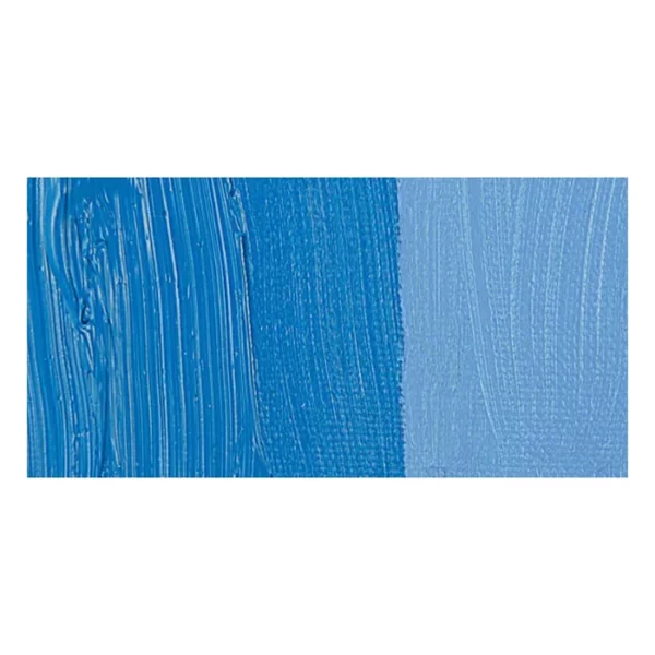 A rectangular colour swatch of Cerulean Blue Hue Winsor and Newton Winton Oil Paint is shown across the center of the frame. The colour swatch shows the tube colour in three gradients from left to right. On a white background.