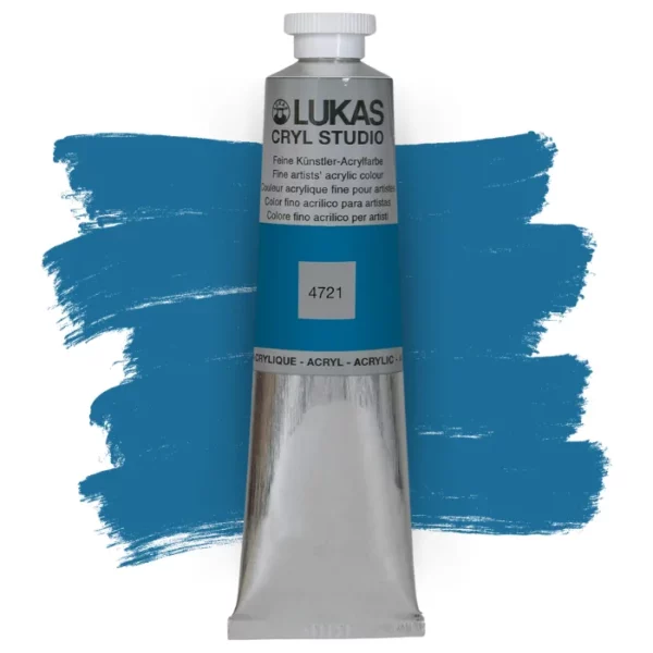 A single tube of Cerulean Blue Lukas Cryl STUDIO Acrylics 75ml is shown in the center of the frame, standing vertically. The tube is silver and has a colour band around the body of the tube that denotes the colour of the paint inside. The Lukas name and logo is printed at the top of the tube and there is black text below the logo that describes the paint. The tube has a white plastic, screw on lid. There is a paint swatch in the background that indicates the colour of the paint inside the tube. The image is center of the frame and on a white background.