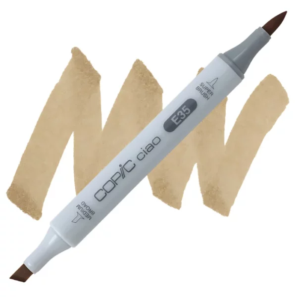 in the center of the image is a single copic marker that is sitting diagonally across the image. from left to right. it has a grey body and both caps are off showing the two different nibs, one brush at the top and the chisel tip at the bottom. it is sitting infront of a squiggle of the same colour as the marker on a white background