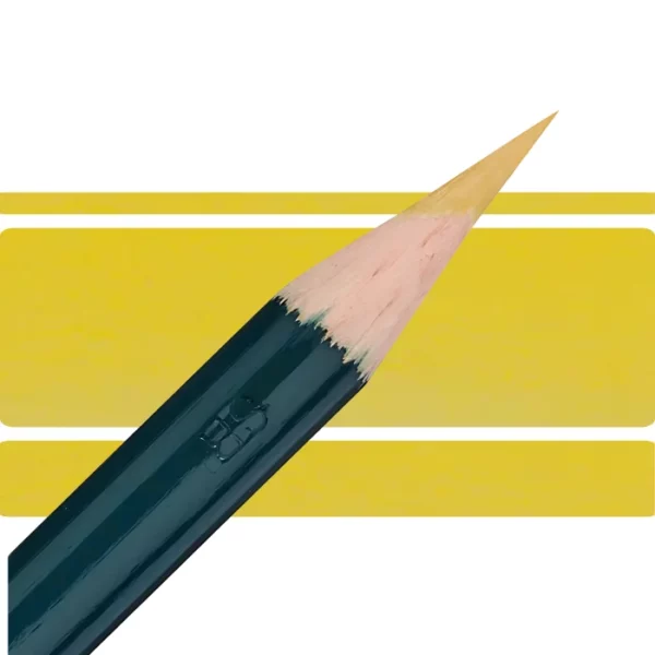 a derwent artists coloured pencil is seen in a close up ciming in from the left habd corner of the image. the tip is facing the right hand side top of the image. in a horizontal line. it has a green hamdle and a wooden end with the coloured tip. there are three horizontal stripes behind it that are the same colour as the nib of the pencil. on a white background