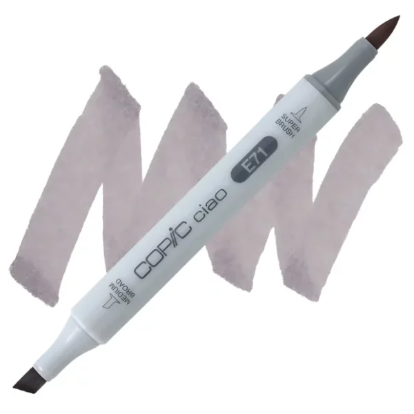 in the center of the image is a single copic marker that is sitting diagonally across the image. from left to right. it has a grey body and both caps are off showing the two different nibs, one brush at the top and the chisel tip at the bottom. it is sitting infront of a squiggle of the same colour as the marker on a white background