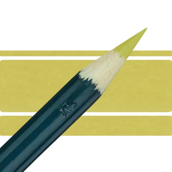 a derwent artists coloured pencil is seen in a close up ciming in from the left habd corner of the image. the tip is facing the right hand side top of the image. in a horizontal line. it has a green hamdle and a wooden end with the coloured tip. there are three horizontal stripes behind it that are the same colour as the nib of the pencil. on a white background