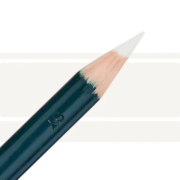 a derwent artists coloured pencil is seen in a close up ciming in from the left habd corner of the image. the tip is facing the right hand side top of the image. in a horizontal line. it has a green hamdle and a wooden end with the coloured tip. there are three horizontal stripes behind it that are the same colour as the nib of the pencil. on a white background