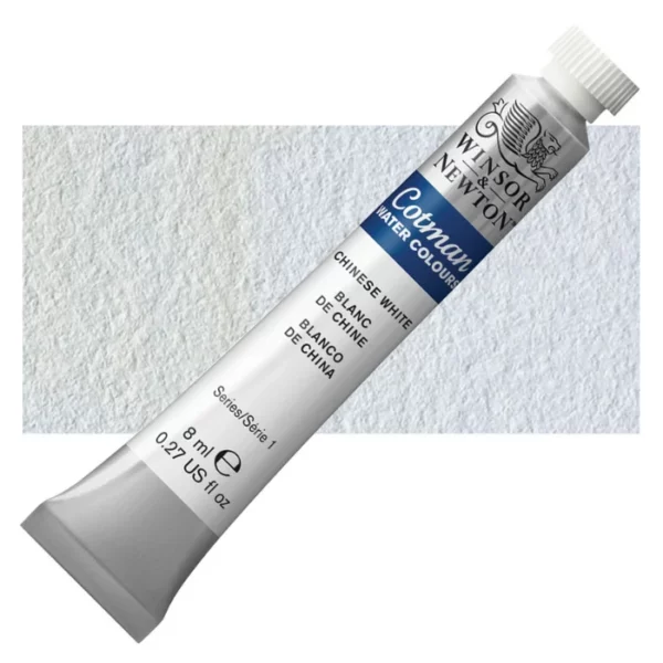 A single Chinese White Winsor and Newton Cotman Watercolour 8ml Tube is shown diagonally across the frame. The back of the tube is facing the bottom left hand corner of the frame and the lid of the tube is facing the top, right hand corner of the frame. The tube is silver and the Winsor and Newton logo is printed at the top of the tube. There is a blue band below the logo and the words 'Cotman Watercolour' are printed on the blue band in white. Then there is a large colour band around the base of the tube that denotes the colour of the paint. The tube colour and paint properties are indicated on this colour band in black text. The tube has a white, plastic screw on cap. There is a rectangular colour swatch behind the tube that shows how the colour works on a gradient scale. The entire image is center of the frame and on a white background.