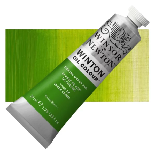 A tube of Chrome Green Hue Winsor and Newton Winton Oil Paint 37ml is shown diagonally, across the center of the frame. The tube is a silver colour and has a white screw on, plastic lid. The Winsor and Newton logo is printed at the top of the tube and there is a white band printed across the tube, below the logo, that has the words 'Winton Oil Colour' written on it. Below that is a colour band printed across the tube that has black text describing the product colour and paint properties. There is a rectangular colour swatch behind the tube that shows the colour of the paint. It lays horizontally across the top third of the frame. The image is center of the frame and on a white background.