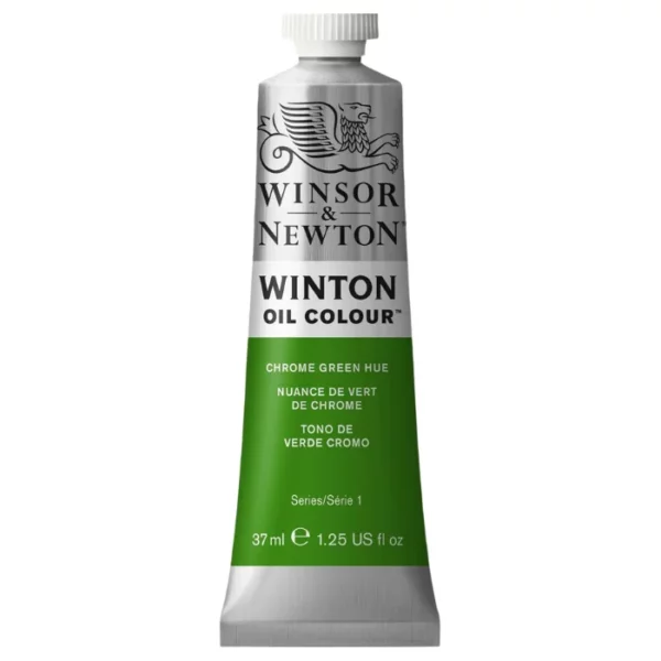 A single tube of Chrome Green Hue Winsor and Newton Winton Oil Paint 37ml is shown in the center of the frame, standing vertically. The tube is a silver colour and has a white screw on, plastic lid. The Winsor and Newton logo is printed at the top of the tube and there is a white band across the tube, under the logo, with the words, 'Winton Oil Colour'. There is a band of colour below that which denotes the colour of the paint in the tube. There is text on this colour band, describing the colour and paint properties. The image is center of the frame and on a white background.