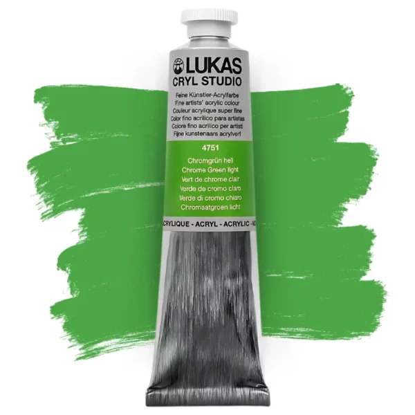 A single tube of Chrome Green Lukas Cryl STUDIO Acrylics 75ml is shown in the center of the frame, standing vertically. The tube is silver and has a colour band around the body of the tube that denotes the colour of the paint inside. The Lukas name and logo is printed at the top of the tube and there is black text below the logo that describes the paint. The tube has a white plastic, screw on lid. There is a paint swatch in the background that indicates the colour of the paint inside the tube. The image is center of the frame and on a white background.