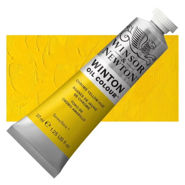 A tube of Chrome Yellow Hue Winsor and Newton Winton Oil Paint 37ml is shown diagonally, across the center of the frame. The tube is a silver colour and has a white screw on, plastic lid. The Winsor and Newton logo is printed at the top of the tube and there is a white band printed across the tube, below the logo, that has the words 'Winton Oil Colour' written on it. Below that is a colour band printed across the tube that has black text describing the product colour and paint properties. There is a rectangular colour swatch behind the tube that shows the colour of the paint. It lays horizontally across the top third of the frame. The image is center of the frame and on a white background.