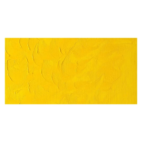 A rectangular colour swatch of Chrome Yellow Hue Winsor and Newton Winton Oil Paint is shown across the center of the frame. The colour swatch shows the tube colour in three gradients from left to right. On a white background.