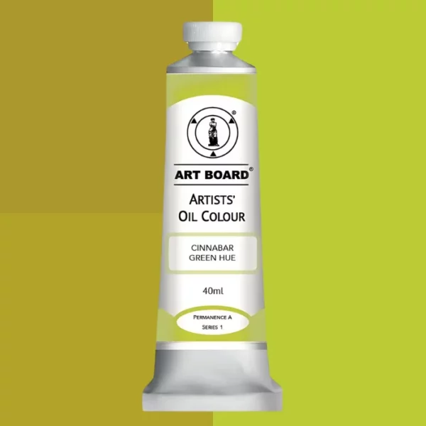 A tube of Cinnabar Green Hue Artboard Oil Paint 40ml is shown standing vertically in the center of the frame. The tube is silver and has a label around the body of the tube. Parts of the label are coloured, to denote the colour of the paint inside the tube. The artboard logo and name are printed at the top of the label and the colour and product details are printed below. The tube has a white plastic, screw on lid. On a white background.