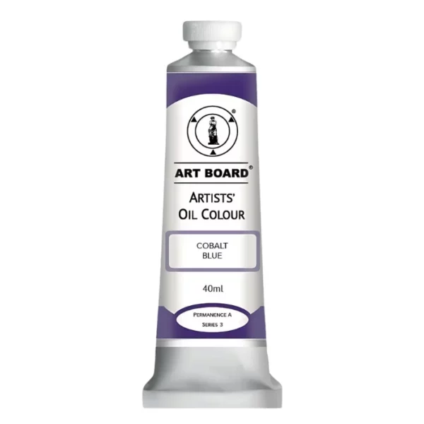 A tube of Cobalt Blue Artboard Oil Paint 40ml is shown standing vertically in the center of the frame. The tube is silver and has a label around the body of the tube. Parts of the label are coloured, to denote the colour of the paint inside the tube. The artboard logo and name are printed at the top of the label and the colour and product details are printed below. The tube has a white plastic, screw on lid. On a white background.