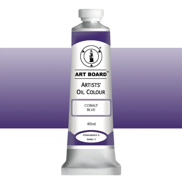 A tube of Cobalt Blue Artboard Oil Paint 40ml is shown standing vertically in the center of the frame. The tube is silver and has a label around the body of the tube. Parts of the label are coloured, to denote the colour of the paint inside the tube. The artboard logo and name are printed at the top of the label and the colour and product details are printed below. The tube has a white plastic, screw on lid. A graded horizontal rectangle is seen in the background, this denotes the colour of the paint inside the tube. On a white background.