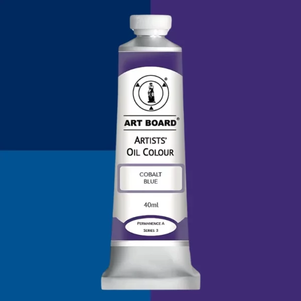 A tube of Cobalt Blue Artboard Oil Paint 40ml is shown standing vertically in the center of the frame. The tube is silver and has a label around the body of the tube. Parts of the label are coloured, to denote the colour of the paint inside the tube. The artboard logo and name are printed at the top of the label and the colour and product details are printed below. The tube has a white plastic, screw on lid. Different shades of the paint colour are shown in the background in blocks, behind the tube.