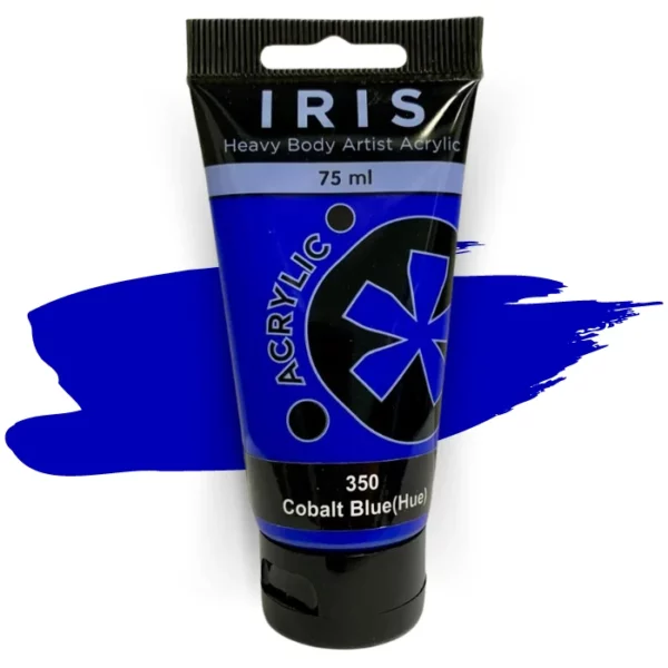 A single tube of Cobalt Blue Hue Prime Art Iris Acrylic Paint 75ml is shown in the frame. The tube is a clear plastic with a black printed band at the top of each tube that has the Prime Art Iris Logo printed on it. The tube has a black flip cap that the tube stands on. You can see the colour of the paint through the tube. On a white background.