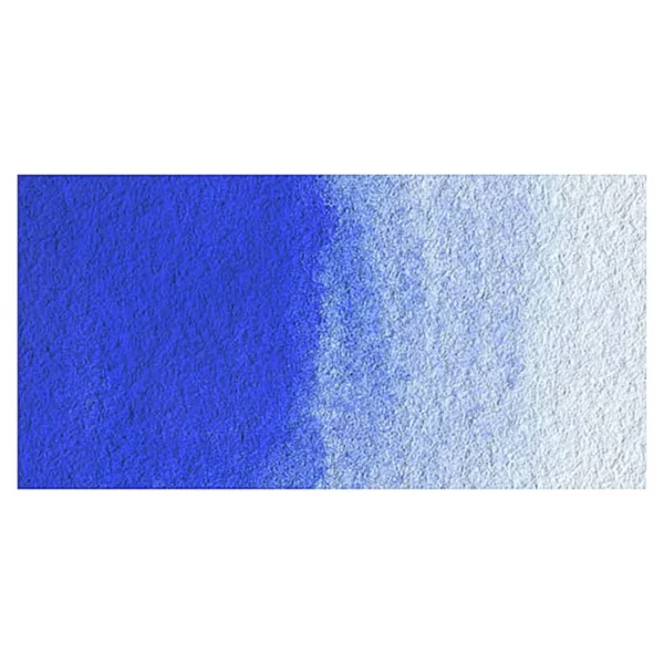 A rectangular colour swatch of Cobalt Blue Hue Winsor and Newton Cotman Watercolour Paint is shown across the center of the frame. The colour swatch shows the tube colour in three gradients from left to right. On a white background.