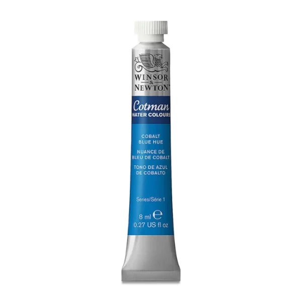 A single Cobalt Blue Hue Winsor and Newton Cotman Watercolour 8ml Tube is shown vertically in the center of the frame. The tube is silver and the Winsor and Newton logo is printed at the top of the tube. There is a blue band below the logo and the words 'Cotman Watercolour' are printed on the blue band in white. Then there is a large colour band around the base of the tube that denotes the colour of the paint. The tube colour and paint properties are indicated on this colour band in black text. The tube has a white, plastic screw on cap. The image is center of the frame and on a white background.