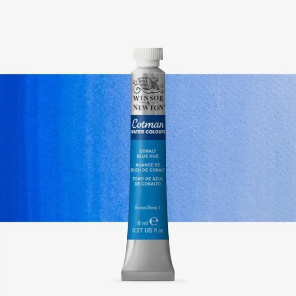 A single Cobalt Blue Hue Winsor and Newton Cotman Watercolour 8ml Tube is shown vertically in the center of the frame. The tube is silver and the Winsor and Newton logo is printed at the top of the tube. There is a blue band below the logo and the words 'Cotman Watercolour' are printed on the blue band in white. Then there is a large colour band around the base of the tube that denotes the colour of the paint. The tube colour and paint properties are indicated on this colour band in black text. The tube has a white, plastic screw on cap. There is a rectangular colour swatch behind the tube that shows how the colour works on a gradient scale. The entire image is center of the frame and on a white background.