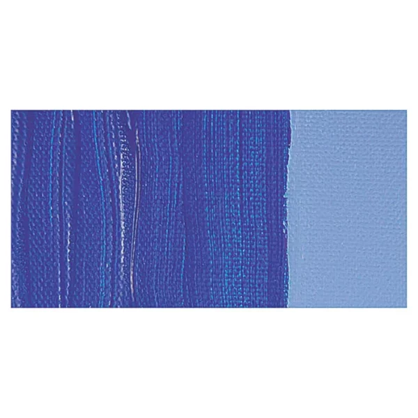 A rectangular colour swatch of Cobalt Blue Hue Winsor and Newton Galeria Acrylic Paint is shown across the center of the frame. The colour swatch shows the tube colour in three gradients from left to right. On a white background.