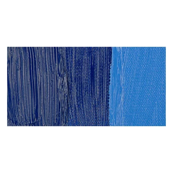 A rectangular colour swatch of Cobalt Blue Hue Winsor and Newton Winton Oil Paint is shown across the center of the frame. The colour swatch shows the tube colour in three gradients from left to right. On a white background.