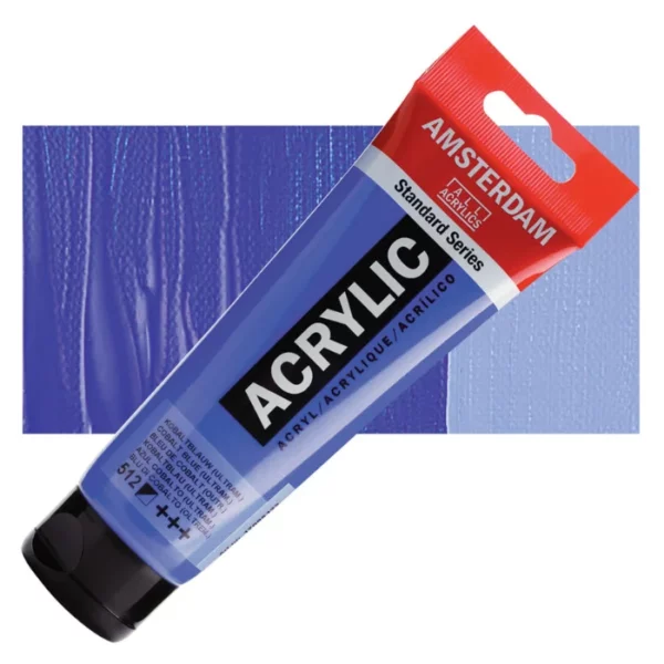 A single tube of Cobalt Blue Ultramarine Amsterdam Acrylic Paint 120ml is shown diagonally across the center of the frame. The tube is made of a clear plastic and has a red band at the end of the tube with a hole so it can hang. The tube has a black, plastic flip top cap, that the bottle stands on. There is black text on the body of the tube describing the product colour and details. The colour of the paint can be seen through the tube. There is a rectangular colour swatch of the paint, behind the tube. The swatch shows the colour in different gradient's. The image is center of the frame and on a white background.