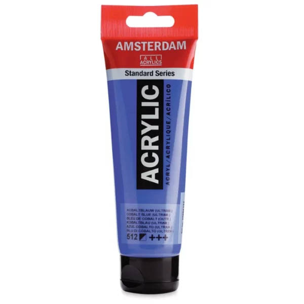 A single tube of Cobalt Blue Ultramarine Amsterdam Acrylic Paint 120ml is standing vertically in the center of the frame. The tube is made of a clear plastic and has a red band at the end of the tube with a hole so it can hang. The tube has a black, plastic flip top cap, that the bottle stands on. There is black text on the body of the tube describing the product colour and details. The colour of the paint can be seen through the tube. On a white background.