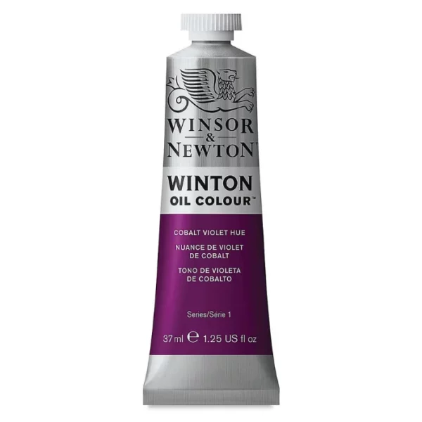 A single tube of Cobalt Violet Hue Winsor and Newton Winton Oil Paint 37ml is shown in the center of the frame, standing vertically. The tube is a silver colour and has a white screw on, plastic lid. The Winsor and Newton logo is printed at the top of the tube and there is a white band across the tube, under the logo, with the words, 'Winton Oil Colour'. There is a band of colour below that which denotes the colour of the paint in the tube. There is text on this colour band, describing the colour and paint properties. The image is center of the frame and on a white background.