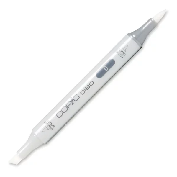 in the center of the image is a single copic marker that is sitting diagonally across the image. from left to right. it has a grey body and both caps are off showing the two different nibs, one brush at the top and the chisel tip at the bottom. it is sitting infront of a squiggle of the same colour as the marker on a white background