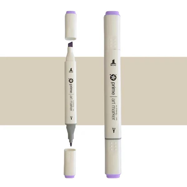 two prime art alcohol ink markers are standing upright in the center of the image. the one on the left has both caps off showing the two different types of nibs. the one on the right has both the caps on. they are cream coloured pens with black writing on them. they are sitting infront of a horizontal stripe of colour that shows what colour the marker is. on a white background