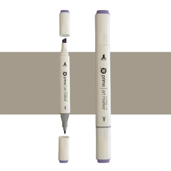 two prime art alcohol ink markers are standing upright in the center of the image. the one on the left has both caps off showing the two different types of nibs. the one on the right has both the caps on. they are cream coloured pens with black writing on them. they are sitting infront of a horizontal stripe of colour that shows what colour the marker is. on a white background